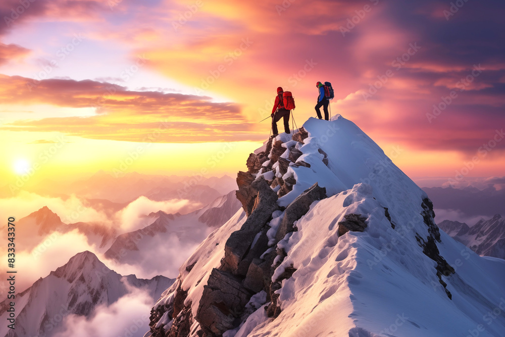 Two men standing standing with trekking poles on cliff edge and looking at sunrise rays over the clouds. Successful summit concept image. Two men standing standing with trekking poles on cliff edge and looking at sunrise rays over the clouds. Successful summit concept image.