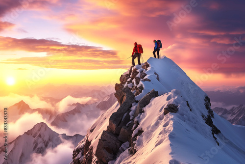 Two men standing standing with trekking poles on cliff edge and looking at sunrise rays over the clouds. Successful summit concept image.