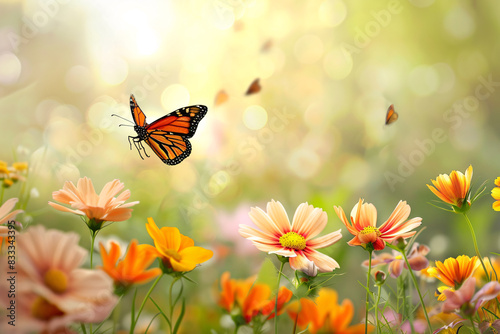A colorful insect with delicate wings perched on a vibrant flower in the summer garden photo