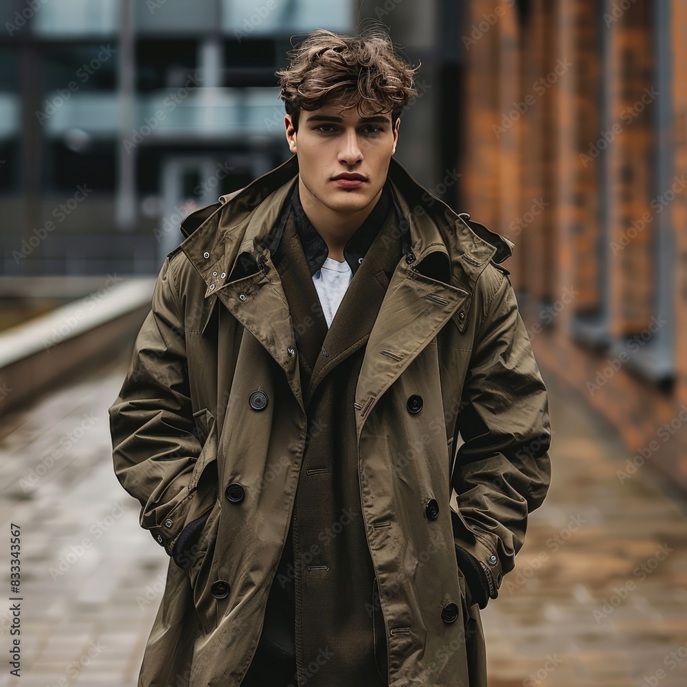 stylish young man in trench coat walking on city street stylish young man in trench coat walking on city street