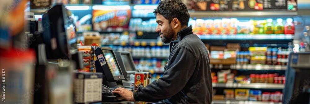 A man is standing at a cash register in a grocery store, making a purchase