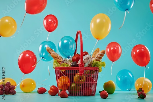 Conceptual meal delivery service unveiling balloons for groceries. Generative Ai
