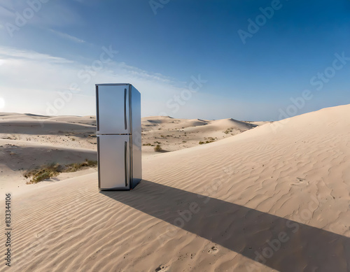 abandoned refrigerator in the desert, pollution and climate change concept