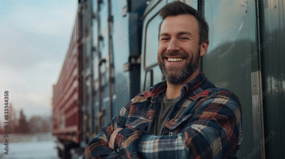Happy confident male driver standing in front of a truck Happy confident male driver standing in front of a truck