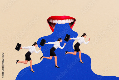 Vászonkép Creative collage young attractive businesswoman run mouth face fragment lips tee