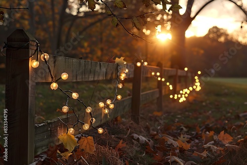 A cozy autumnal scene with fallen leaves and twinkling string lights  set against a backdrop of rustic wooden fences and golden hour skies.