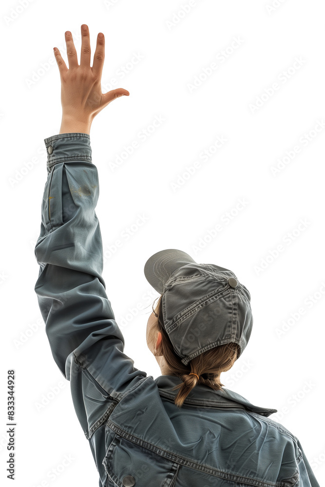 Woman Reaching Up in Work Clothes on Transparent Background