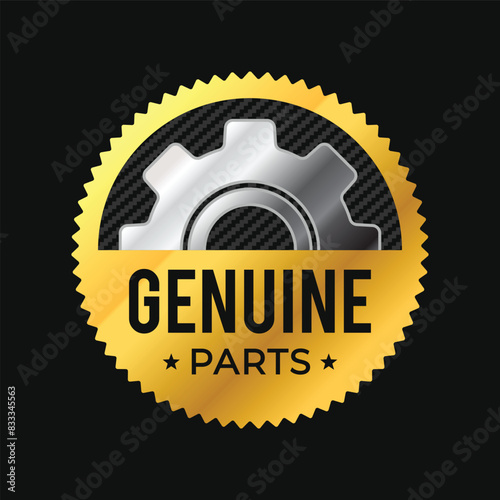 Genuine parts gold label with gear and carbon kevlar texture. for icon, logo, label, insigna, seal, tag, sign, seal, symbol, badge, stamp, sticker, emblem, banner, design. vector illustration