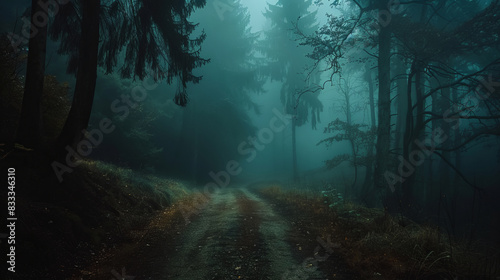 Mysterious dark forest with fog and eerie atmosphere