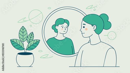 The simple line drawing of a person looking at their own reflection in a mirror capturing the quiet and introspective nature of selfportrait therapy.. Vector illustration