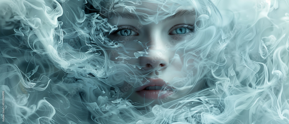 portrait of an otherworldly nymph with alabaster skin and luminous eyes, surrounded by swirling white mists portrait of an otherworldly nymph with alabaster skin and luminous eyes, surrounded by swirling white mists