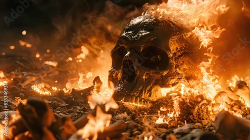 The End of Humanity: A Haunting Image of a Giant Skull Amidst a Pile of Bones on Fire in a Dark, Apocalyptic Inferno.

 photo