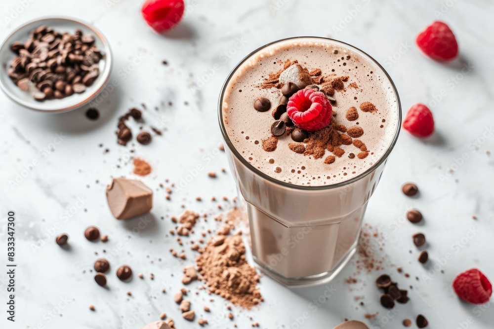 Rich chocolate smoothie topped with fresh raspberry and coffee beans, accompanied by chocolate pieces