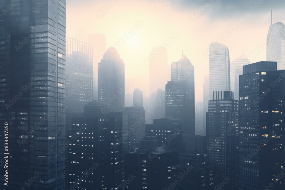 Tranquil and serene misty cityscape at sunrise with hazy atmospheric conditions. Showcasing urban skyline silhouette of skyscrapers and buildings in the early morning light