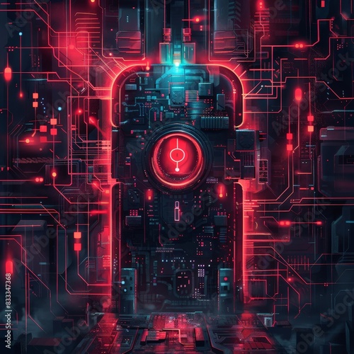 Futuristic cyberpunk city landscape with glowing red and blue circuit board patterns