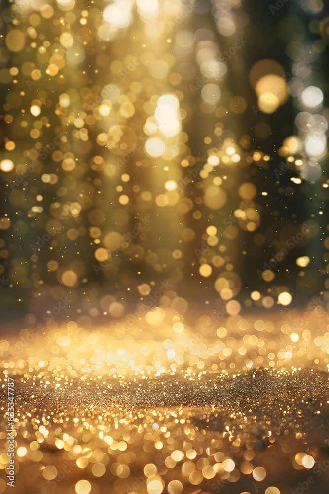 gold glitter, sparkling and shining with a bokeh effect blurred forest in the background gold glitter, sparkling and shining with a bokeh effect blurred forest in the background
