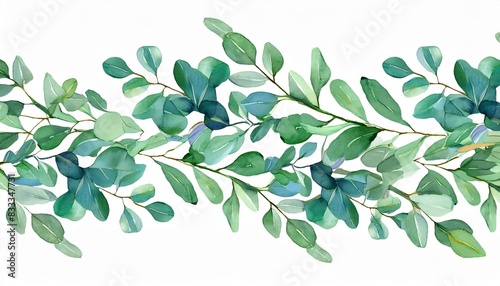 Eucalyptus branches handpainted on a seamless white background pattern