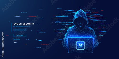 Abstract digital anonymous hacker with light blue laptop and AI chip. Technology electronics background. Computer chip and glitch data flow. Tech artificial intelligence bg. Vector illustration (ID: 833347907)