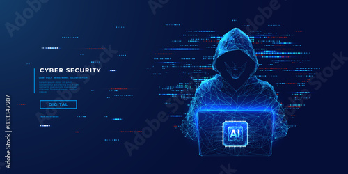 Abstract digital anonymous hacker with light blue laptop and AI chip. Technology electronics background. Computer chip and glitch data flow. Tech artificial intelligence bg. Vector illustration photo