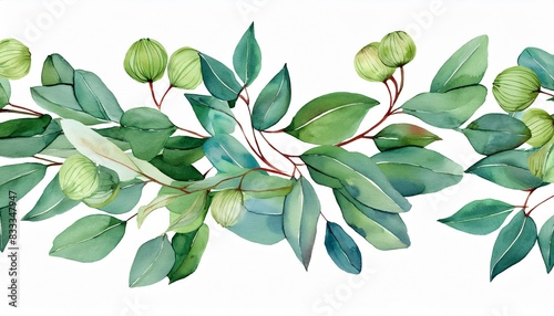 Elegant watercolor illustration featuring lush eucalyptus leaves and seed pods on a white background