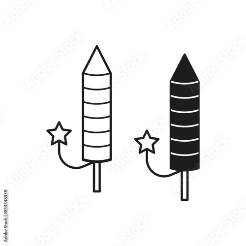 Firework rockets with stars. Vector celebration icons. Black and white.