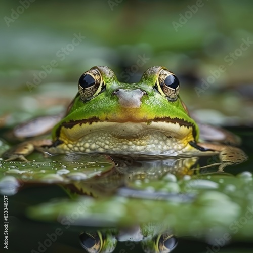 close-up of a green frog in a pond