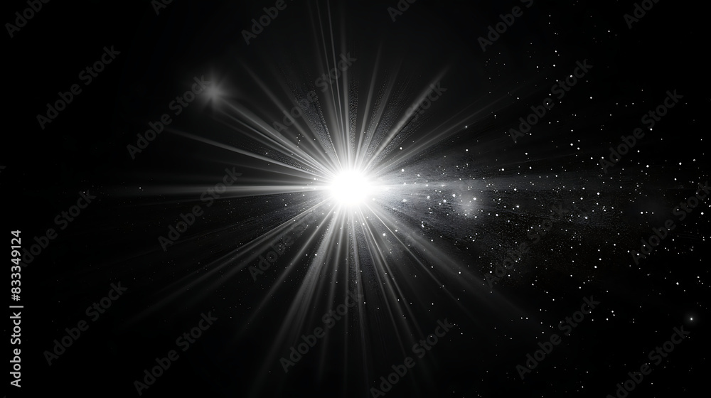 Monochrome Radiance: White Lens Flare on a black background. - Light ray overlay. Powerful and dramatic visual effect. Monochrome Radiance: White Lens Flare on a black background. - Light ray overlay. Powerful and dramatic visual effect.