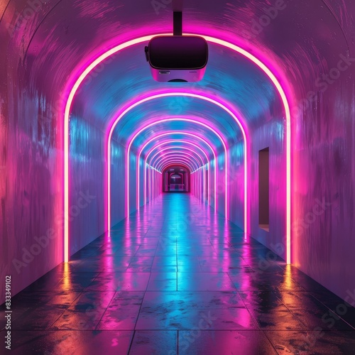 Vibrant neon tunnel with virtual reality headset
