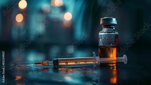 close up of glass medicine vial with syringe and needle isolated on black background. flu vaccine, doping in sport or botox hualuronic collagen, drug addicted photo
