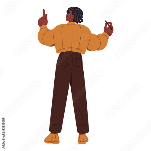 Happy employee stands and writing on whiteboard back view. Black person drawing, takes notes with pen on wall. Modern character pointing with index finger. Flat isolated vector illustration on white