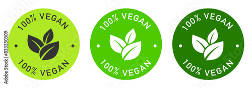 100 percent vegan label vector design for packaging. Leaves icon. Vegan product color sticker.