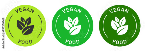 Vegan food label vector design for packaging. Leaves icon. Vegan product color sticker.
