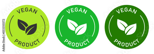 Vegan food label vector design for packaging. Leaves icon. Vegan product color sticker.