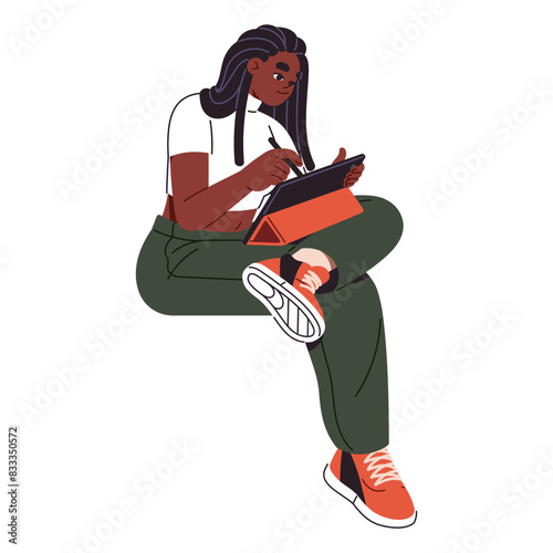 Artist sits and creates digital art. Happy girl drawing with graphics tablet, stylus, pencil. Illustrator painting using electronic device. Flat isolated vector illustration on white background