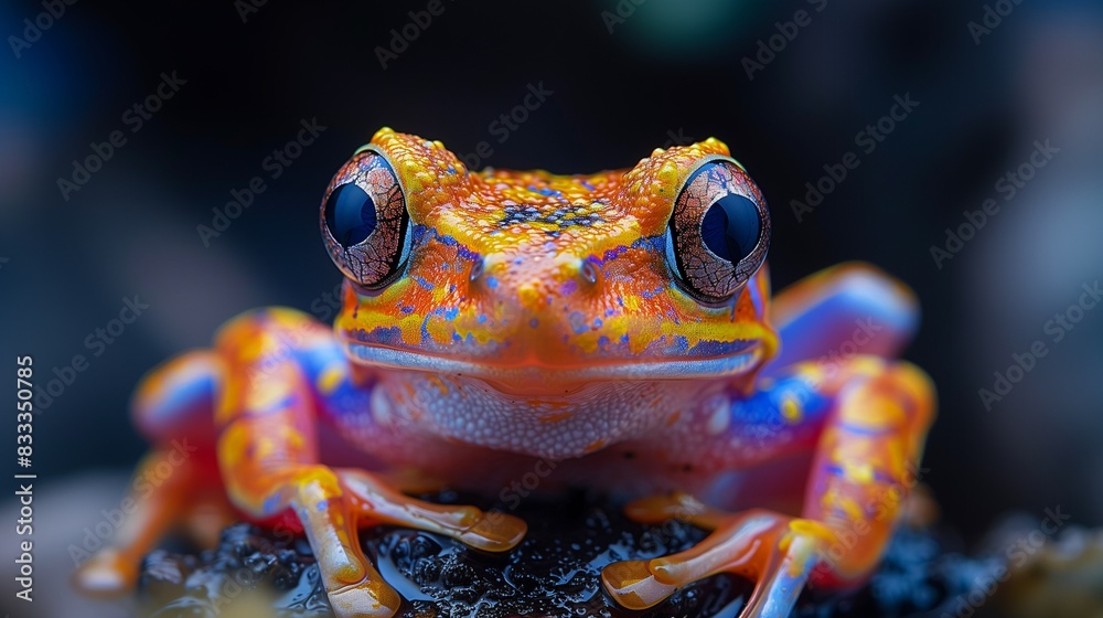 A Beautiful and Exotic Frog Standing on a Rock, Orange, Blue, White, Red. A Beautiful and Exotic Frog Standing on a Rock, Orange, Blue, White, Red.