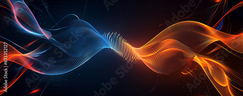 Abstract dark background with orange and blue waves of digital data flowing in the style of light black and navy blue, futuristic network technology concept