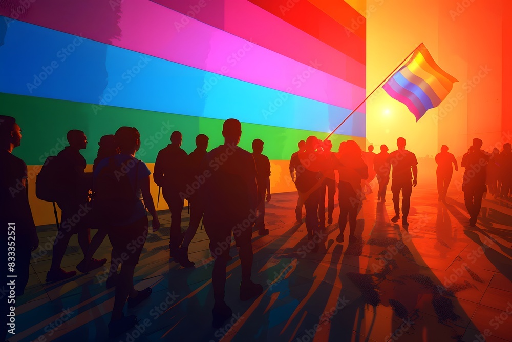 Naklejka premium Pride parade illustration with people and rainbow flag in sunlight