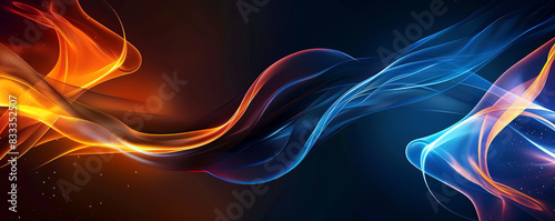 Abstract dark background with orange and blue waves of digital data flowing in the style of light black and navy blue, futuristic network technology concept