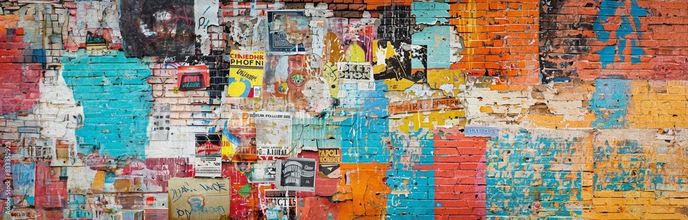 Fototapeta premium A brick wall covered in colorful posters