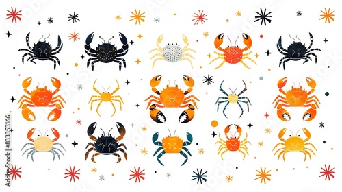 A set of crabs and starfish on a white background