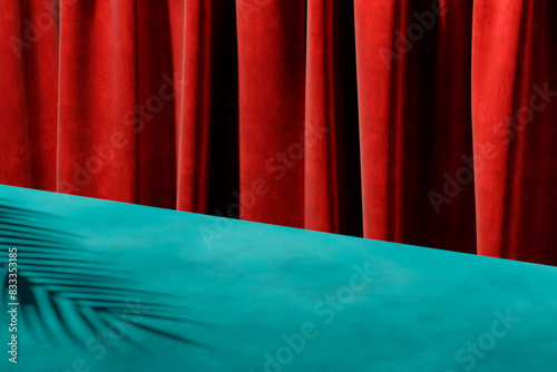 Modern color background with palm shadow on blue table with red backdrop.
