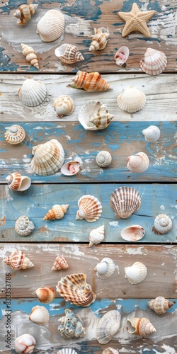 The feel of a summer beach, combining rustic, weathered beachwood with scattered seashells, in a palette of natural wood tones, sandy beiges, and soft sea blues background, ai generated