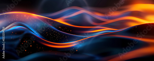 Abstract dark background with orange and blue waves of digital data flowing in the style of light black and navy blue, futuristic network technology concept