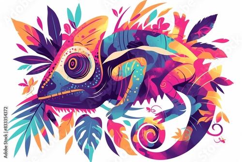 illustration of Chameleon blending into a vibrant jungle © CrispCut Studio