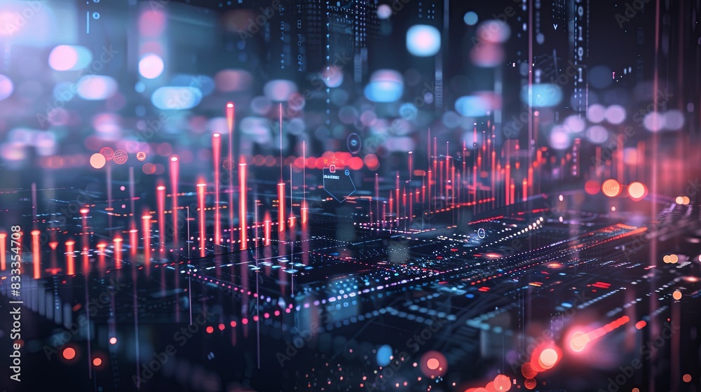 Obraz premium Abstract glowing big data forex candlestick chart on blurry city backdrop. Trade, technology, investment and analysis concept. Double exposure