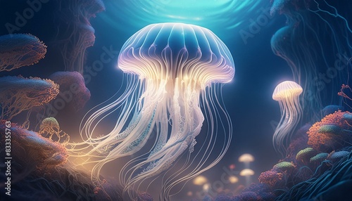 An ethereal jellyfish floating gracefully through the deep ocean, its translucent body pulsa 