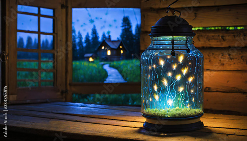 Fireflies in the jar stand on table as lantern and lit interior of modest wooden house