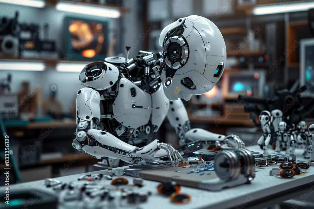 Fototapeta premium A futuristic robot workshop where AI-generated robots assemble themselves from a jumble of parts, sparking curiosity and imagination.