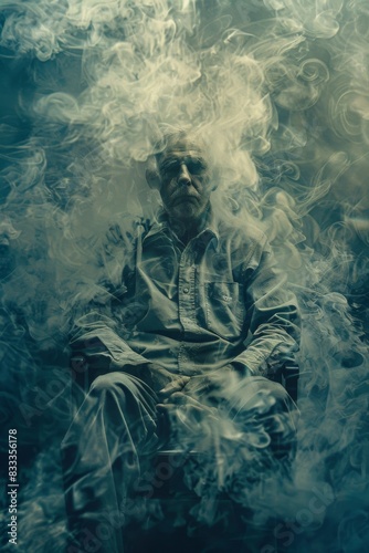 Portrait of an elderly man engulfed in swirls of smoke, sitting passively with a contemplative expression, representing idleness and the passage of time photo