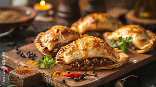 Argentine empanadas, baked pastries filled with beef and spices, served on a rustic wooden board with a Buenos Aires street scene photo